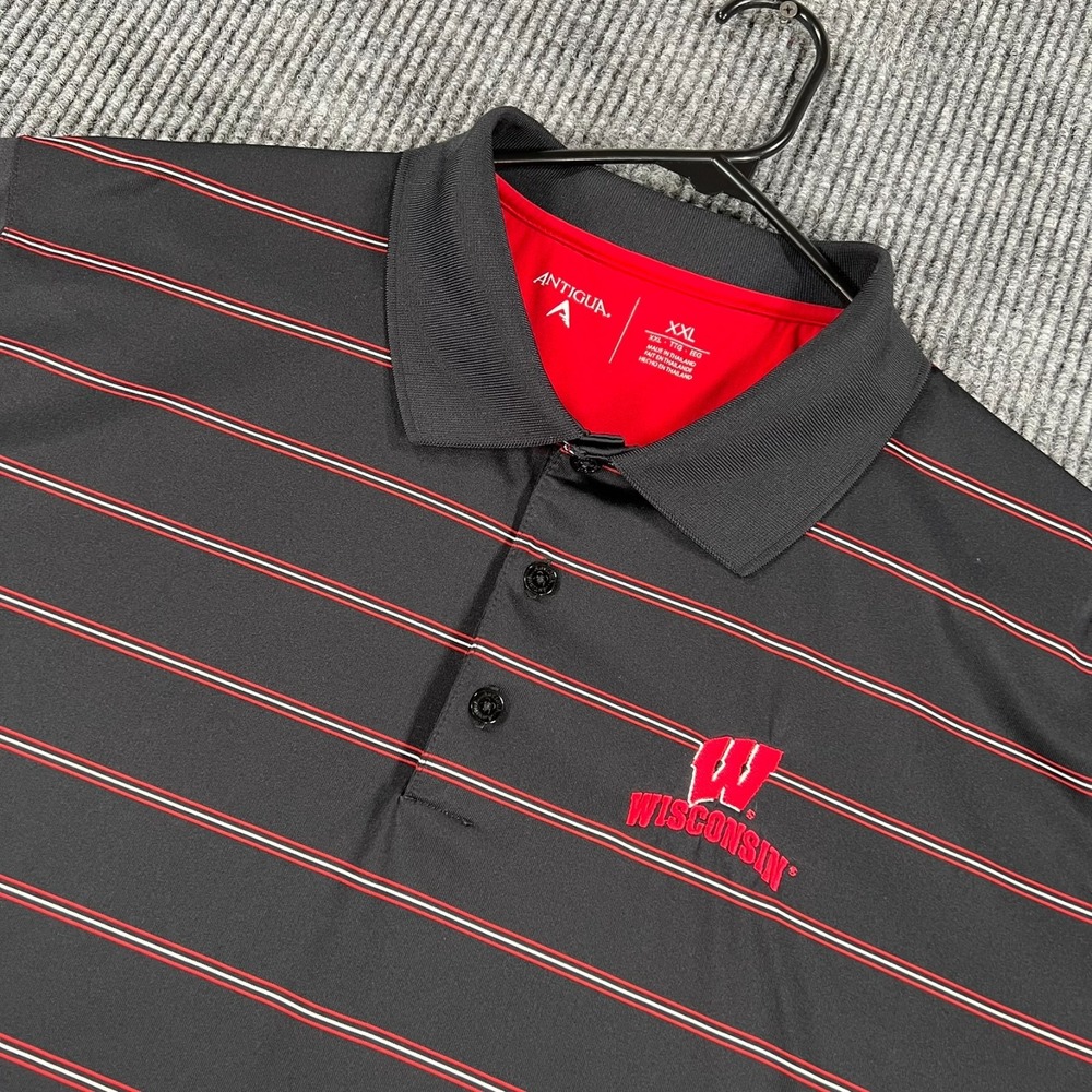 Wisconsin Badgers Polo Shirt Mens 2XL XXL Black Red Striped Short Sleeve NCAA